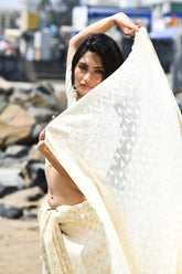 Mehfil-e-Rang' Off-white Pure Resham Cotton Silk Banarasi Handloom Saree